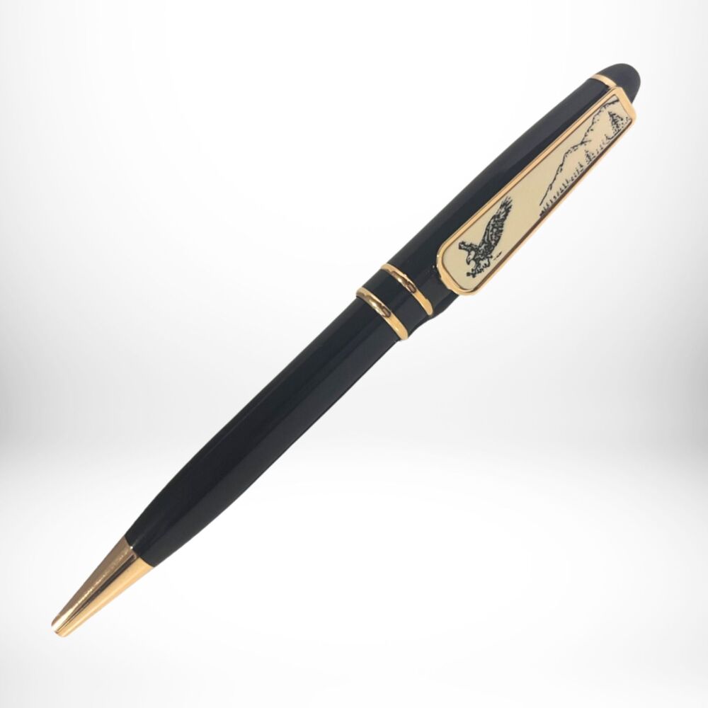 Vintage Ballpoint Pen Bald Eagle Flight Scrimshaw Style Clip - Black/Brass - NIB